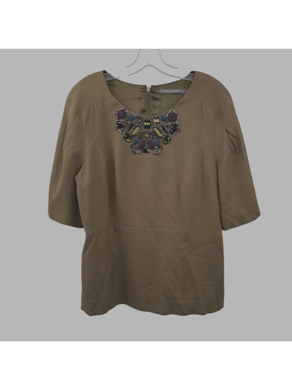 Boden Limited Edition Embellished Blouse Short Sleeve Green/Multi Size 12 Zip